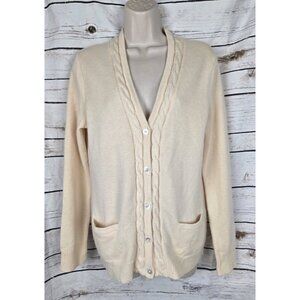 Ralph Lauren Cream Cable 100% Cashmere Sweater Cardigan L Vtg Button Womens